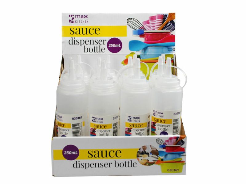 Set of 12 clear 250ml kitchen squeeze bottles for easy dispensing of sauces, dressings, and condiments.