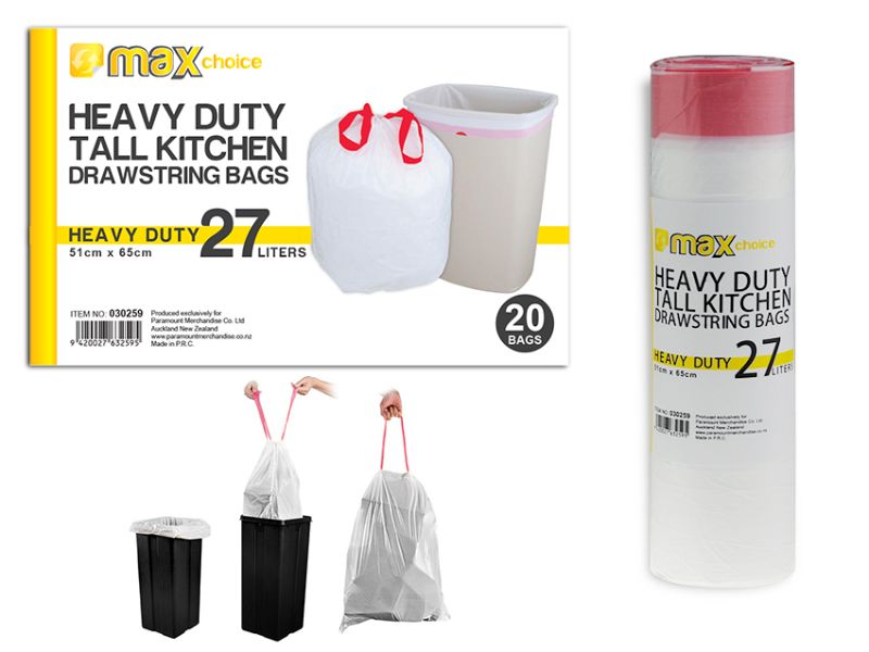 Robust 27L drawstring kitchen tidy bags, 24 packs, ideal for waste disposal, 510x650mm, leak-resistant, durable design.