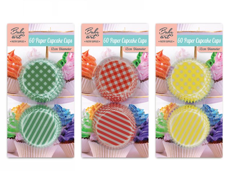 Colorful 12cm paper cake cups in assorted designs, perfect for cupcakes and celebrations, 24-pack for stylish baking.