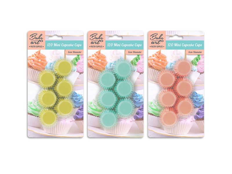 Premium 6cm paper cake cups in vibrant designs, perfect for cupcakes and muffins; 24 packs totaling 120 cups. Eco-friendly baking!