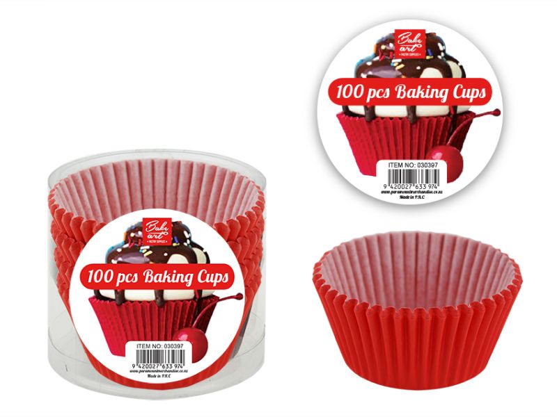 Red 12cm baking cups in a 24-pack, perfect for muffins and cupcakes, ensuring even baking and easy release.