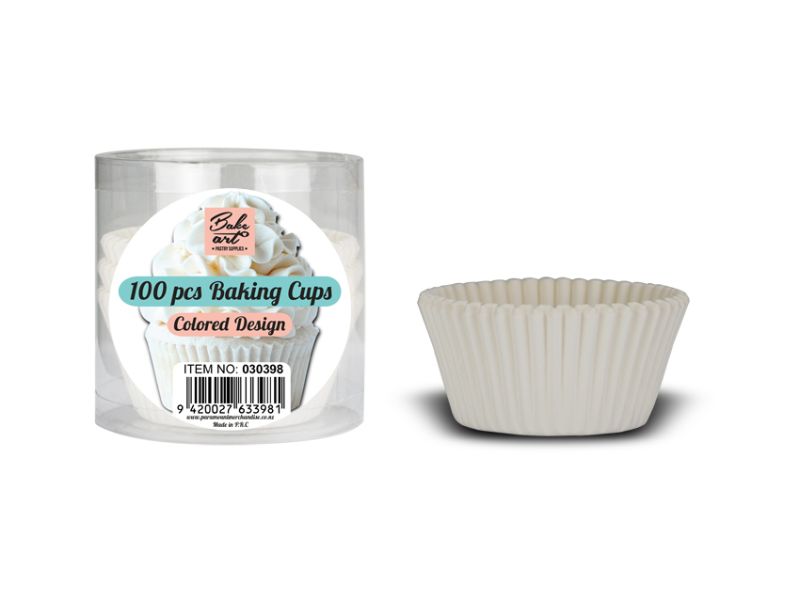 Plain white baking cups, 12cm, perfect for cupcakes and muffins; 24 packs of 100, heat-resistant and eco-friendly.