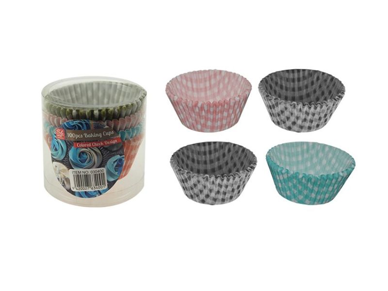 Vibrant 12cm colored check baking cups, ideal for cupcakes and muffins, offered in 24 packs for stylish baking.