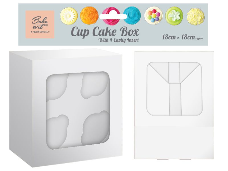 Elegant white cupcake box holding 4 cakes, perfect for gifting, bakeries, and special occasions, sold in a pack of 24.