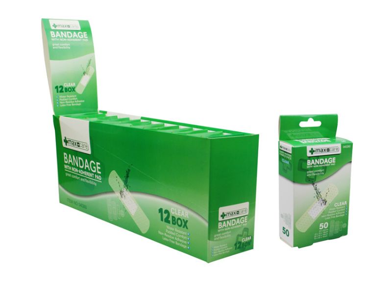 Clear bandages by Pharmacare in a 12-pack, featuring waterproof, transparent protection for wounds and comfort during use.