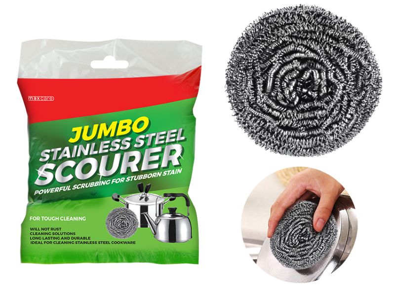Maxcare Jumbo Stainless Steel Scourer Balls - 24 units for powerful, rust-free cleaning of tough stains and cookware.