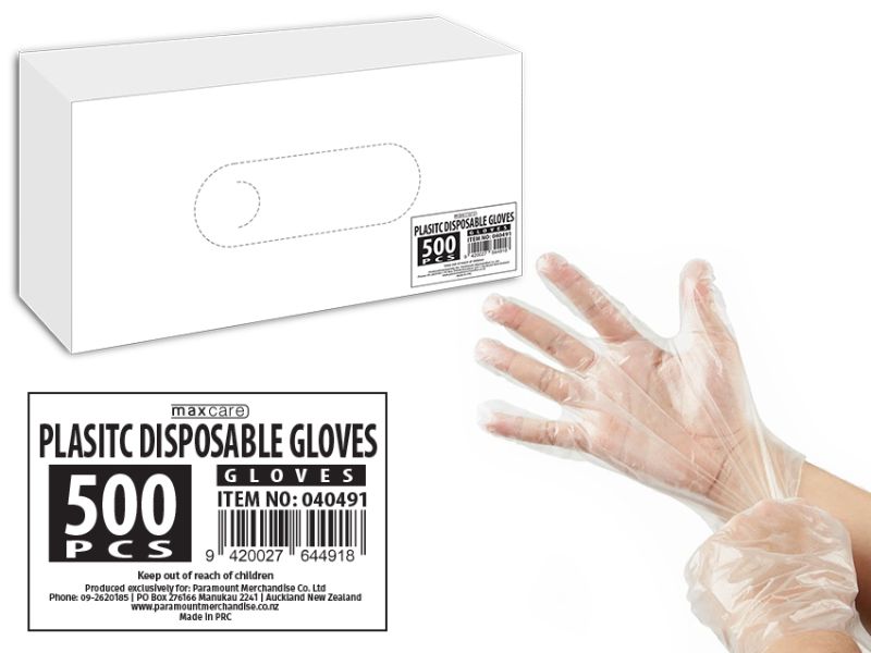 Maxcare Polyethylene Disposable Gloves in 20 packs, ideal for food handling, cleaning, and healthcare, latex-free, ambidextrous design.