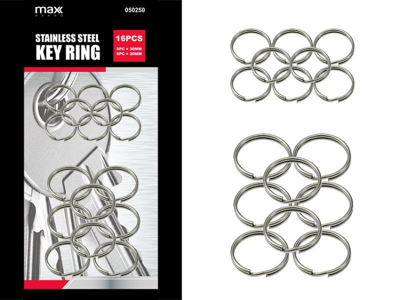 Durable key rings in assorted sizes for secure organization of keys and tags, ideal for home, office, and crafts.