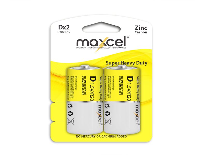 Maxcel Super Heavy Duty Zinc Carbon D Batteries, 12 packs of 2, eco-friendly, reliable power for various devices.