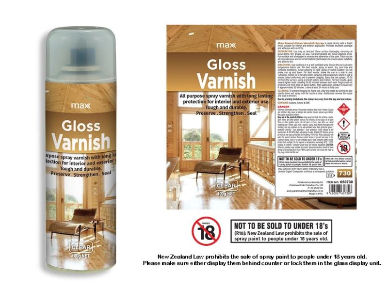 Max Gloss Clear Spray Paint set of 12; 100ml cans for versatile indoor/outdoor projects with a durable glossy finish.