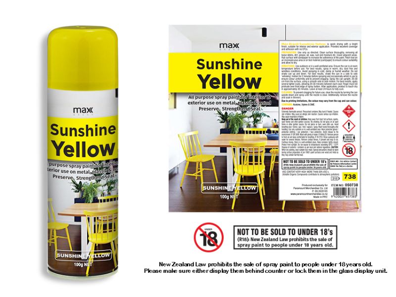 Vibrant Max Sunshine Yellow spray paint (100ml) for all surfaces, ideal for DIY projects and home decor enhancement. Set of 12.