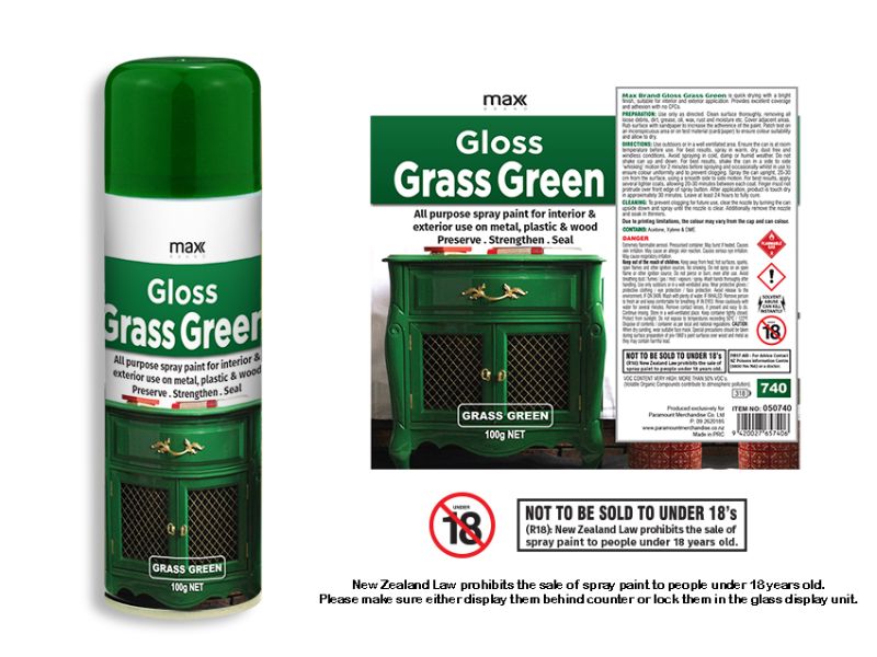 Max gloss grass green spray paint in 100ml cans, ideal for DIY projects on various surfaces with vibrant finish.