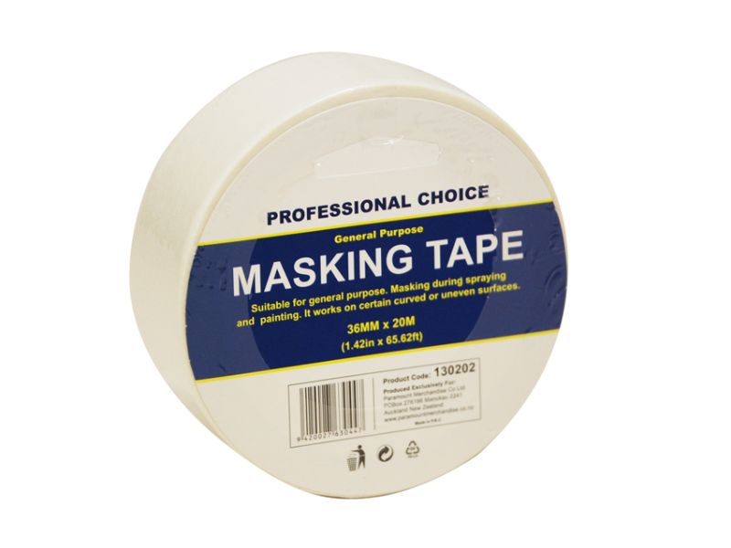 Set of 6 masking tape rolls, 36mm wide and 20m long, perfect for clean lines in home projects and crafts.