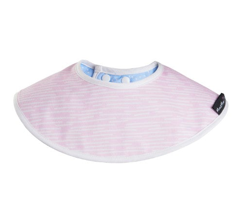 Reversible Bamboo Collar Bib in Pink Dash and Cornflower Dot, offering 360-degree coverage for infants with hypoallergenic comfort.