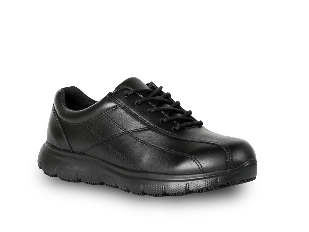 Black leather safety shoe with lace-up design, slip-resistant outsole, and impact-absorbing system for professional comfort and stability.