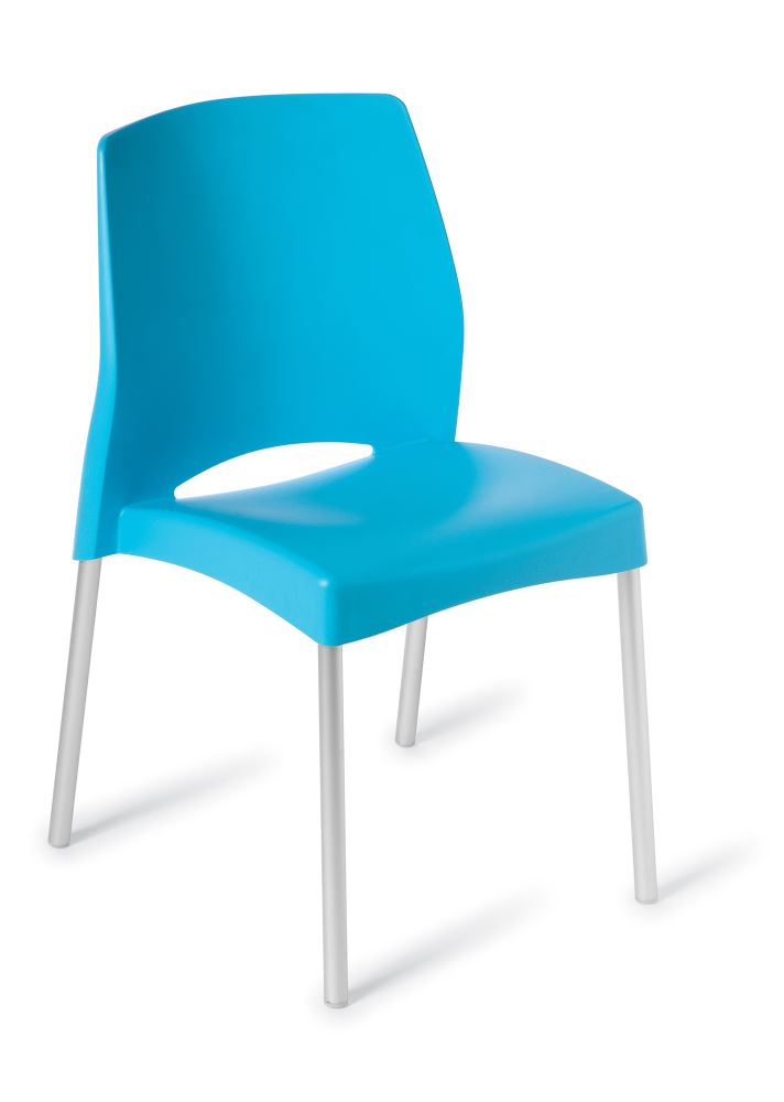 Blue cafe chair designed for comfort and durability, perfect for indoor or outdoor use with stackable features.