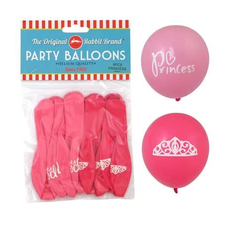 Pink princess crown balloons pack of 48, perfect for helium or air, 27.5cm size, premium quality for celebrations.
