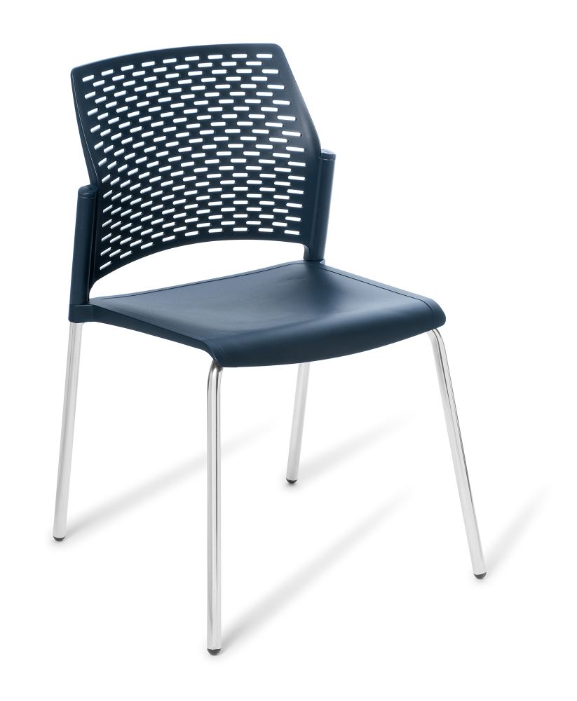Stackable chair with chrome frame, Punch Navy color, sturdy design, perforated backrest, ideal for modern spaces and events.