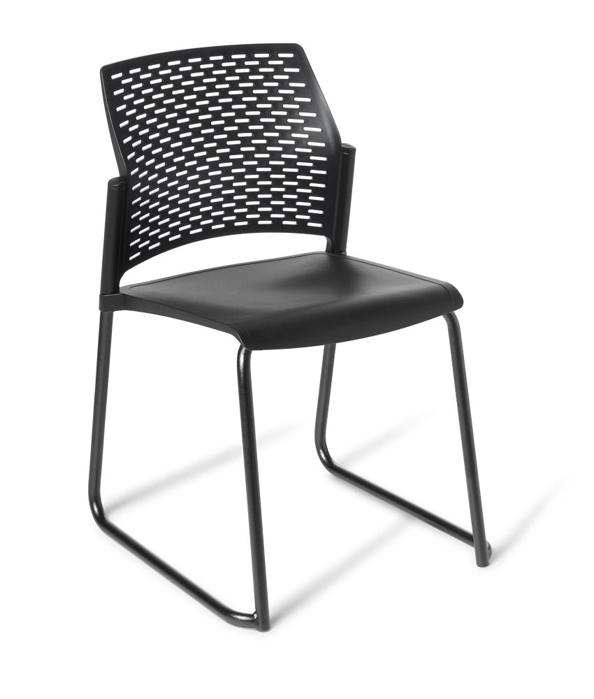 Heavy Duty chair with a black sled frame, featuring a stylish perforated backrest and robust, stackable design for comfort and durability.