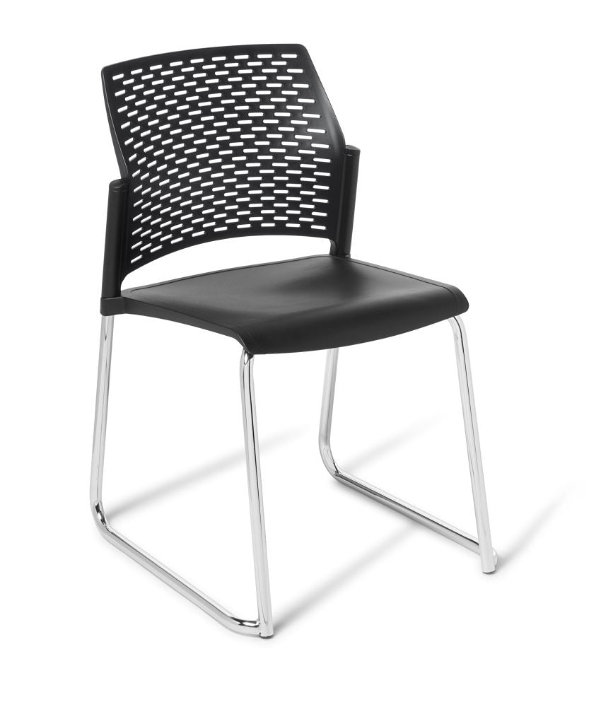 Heavy-duty black chair with chrome sled frame, stackable design, and perforated backrest for comfort and style.