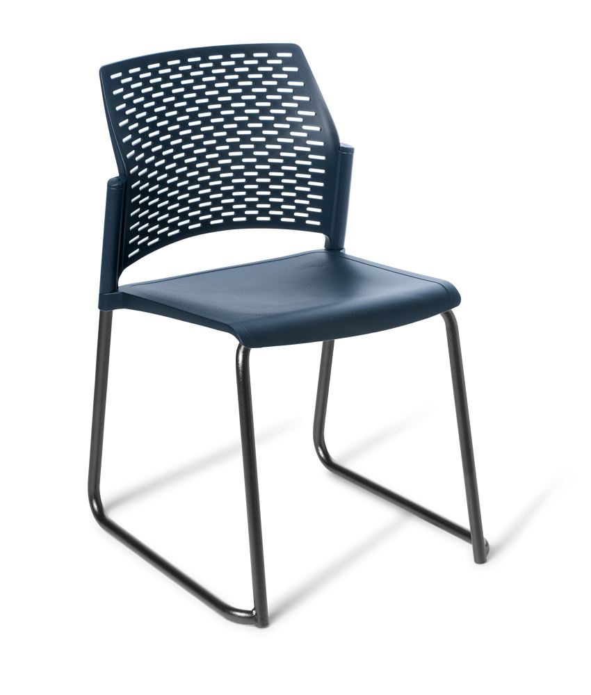 Heavy Duty Chair featuring a black sled frame and navy upholstery, designed for comfort, durability, and stackable storage.