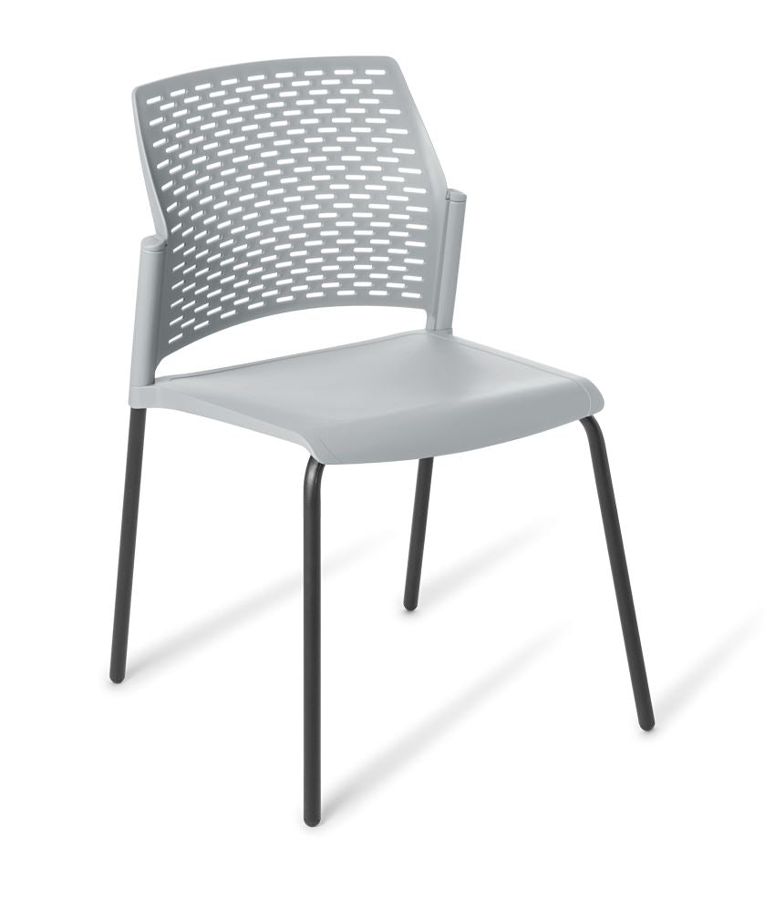 Stackable Chair in Smoke color with black frame, featuring a perforated backrest for comfort and airflow, ideal for various settings.