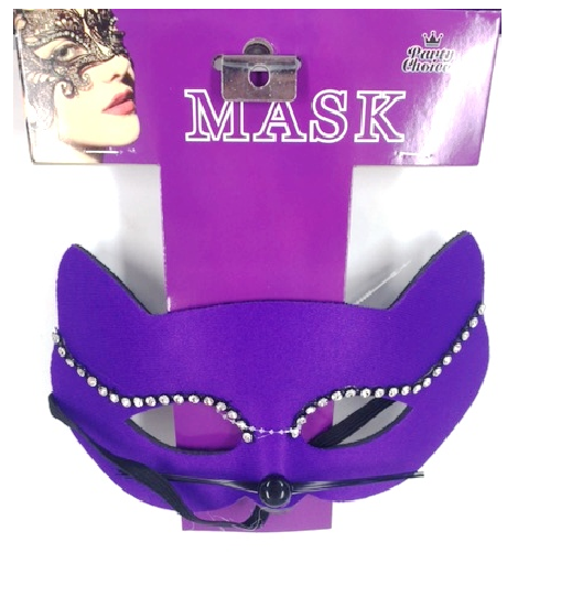 Purple Cat Lady masquerade mask with diamantes, featuring a flexible fit and black satin ribbon for secure wear.
