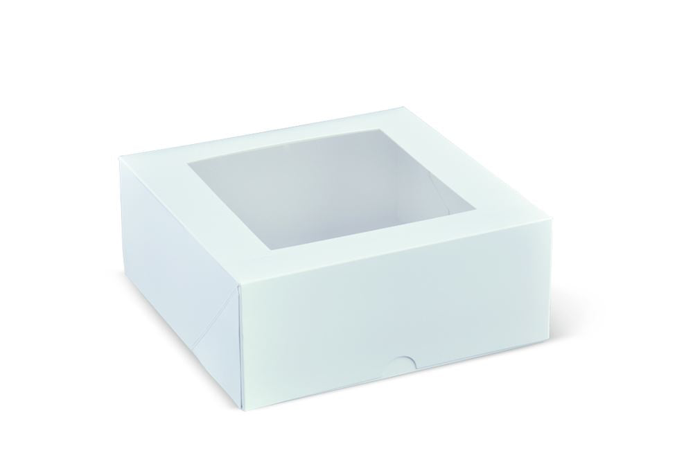 Elegant square cake box with a large window, perfect for showcasing 7" cakes and pastries; includes 50 premium units.