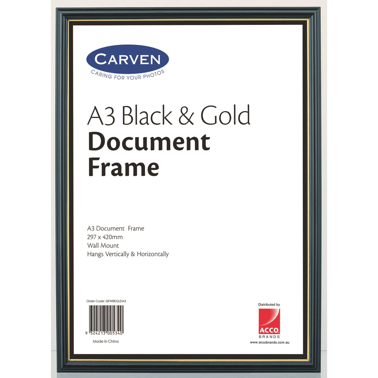 Elegant Black/Gold A3 document frame by Carven, featuring glass overlay and MDF backing for stylish protection of your documents.