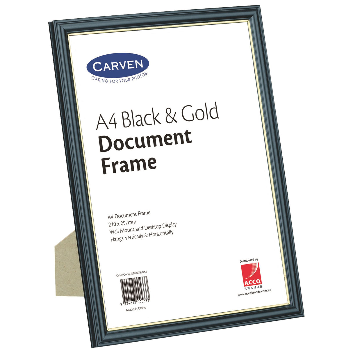 Elegant black and gold Carven A4 frame, perfect for showcasing certificates and photos with a protective glass overlay.