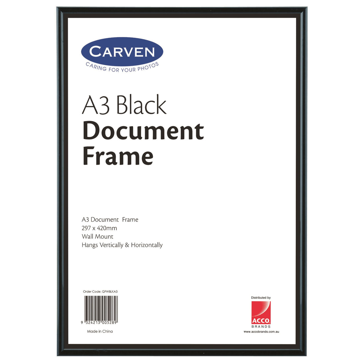 Carven Black A3 Document Frame showcasing certificates, awards, and photos with sleek design and protective glass overlay.