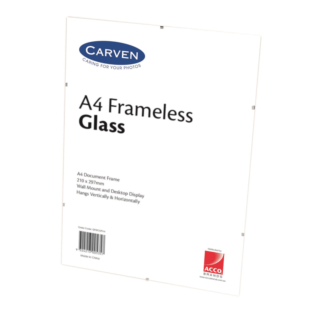 Frameless A4 glass document frame by Carven, designed for elegant display of certificates and photos.