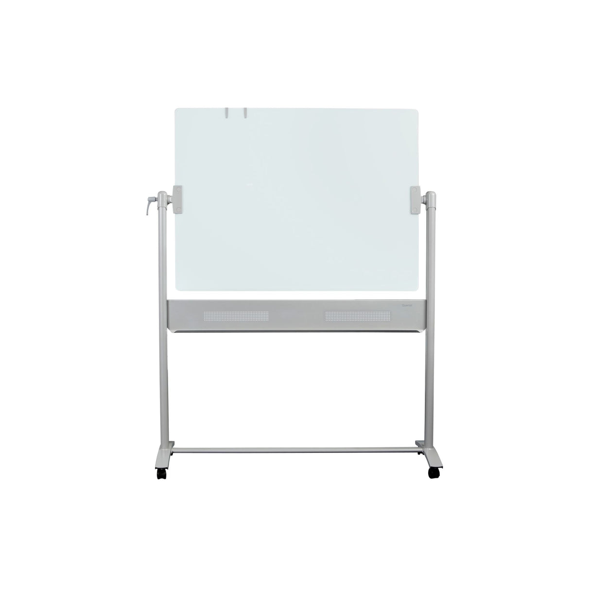 Sleek double-sided mobile glass board (1200x900mm) with frameless design and silver legs, ideal for modern presentations.