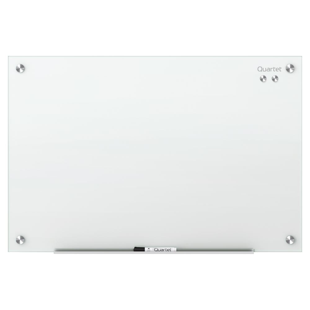 Elegant white tempered glass board, 450x600mm, with magnetic surface, includes marker and pen trays for modern workspaces.