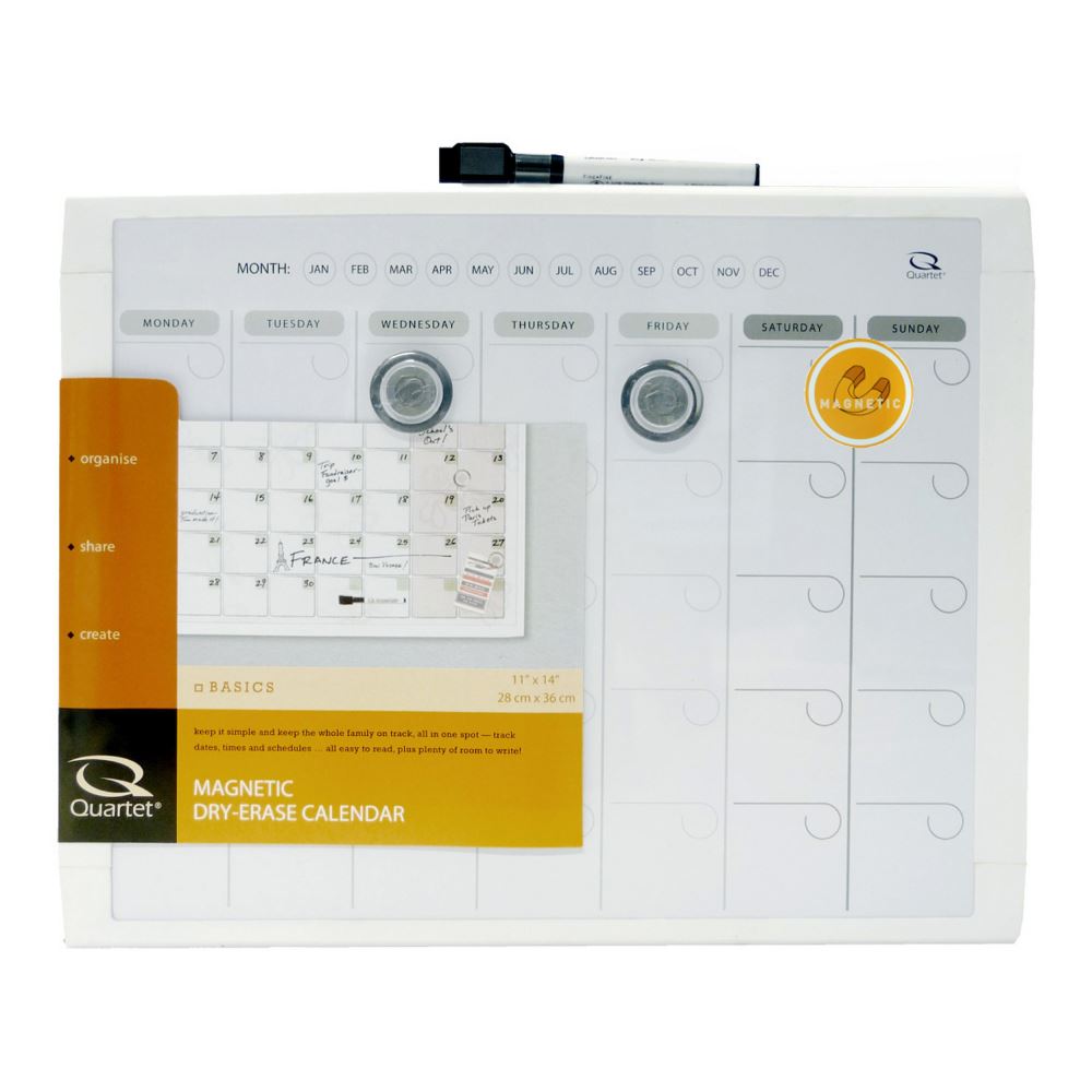 Gray Quartet Basics calendar measuring 280x360mm, featuring a dry erase surface and magnetic bulletin board functionality.