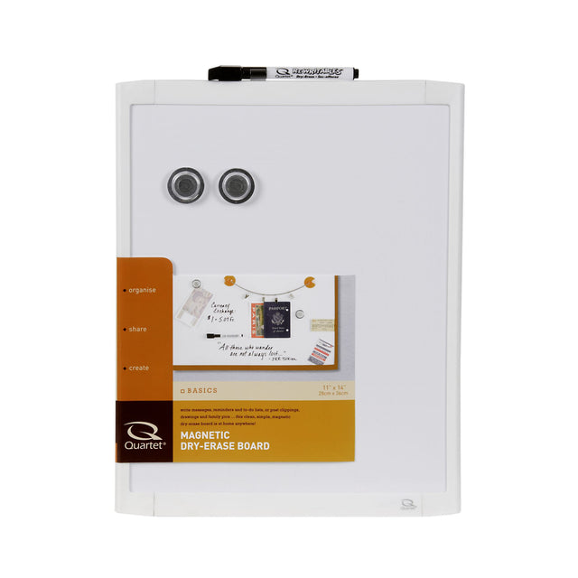 Compact white Quartet Basics Whiteboard (280x360mm) for notes, reminders, and creative drawings; includes marker and magnets.