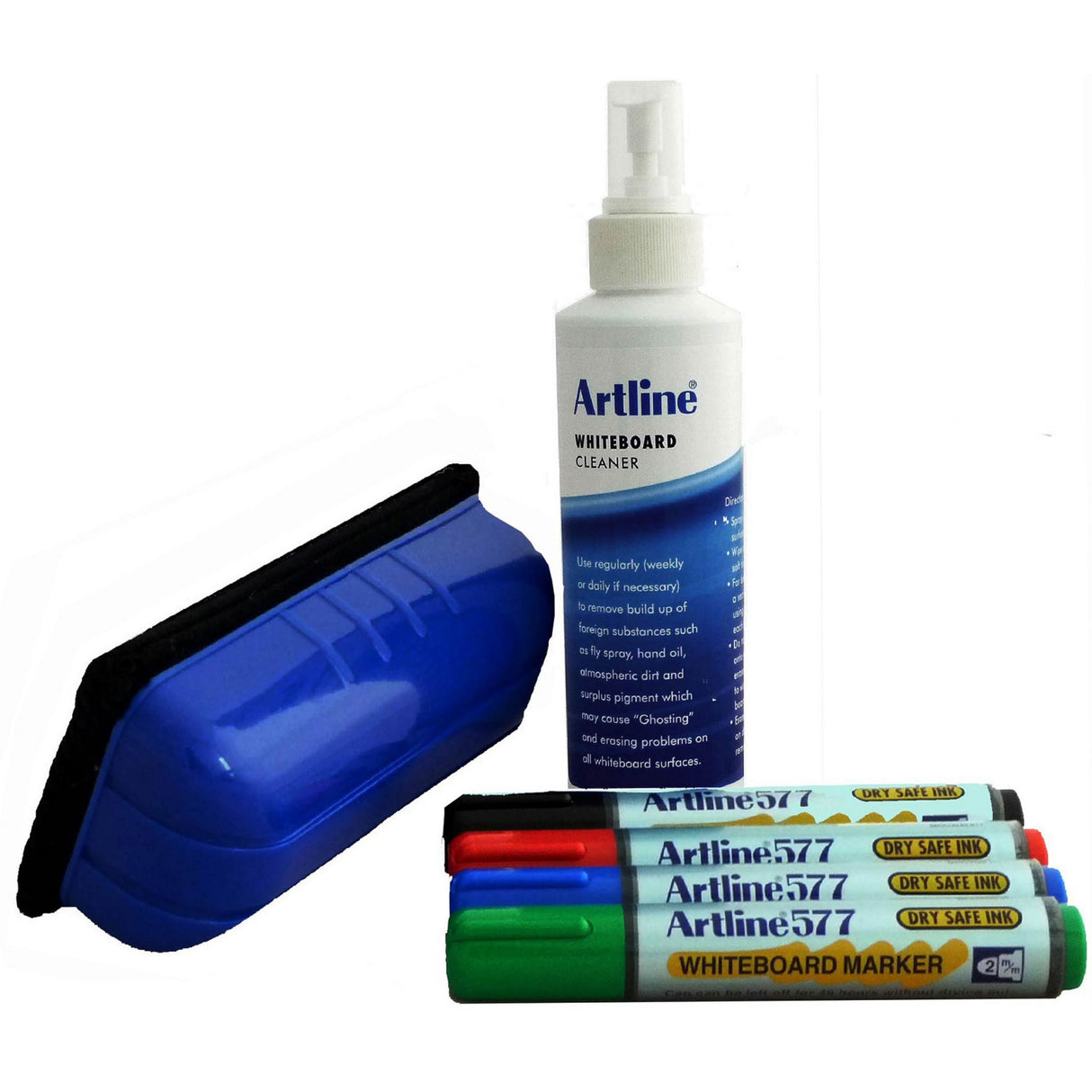 Artline Whiteboard Starter Kit with vibrant markers, eraser, and cleaning fluid for creative and organized brainstorming.