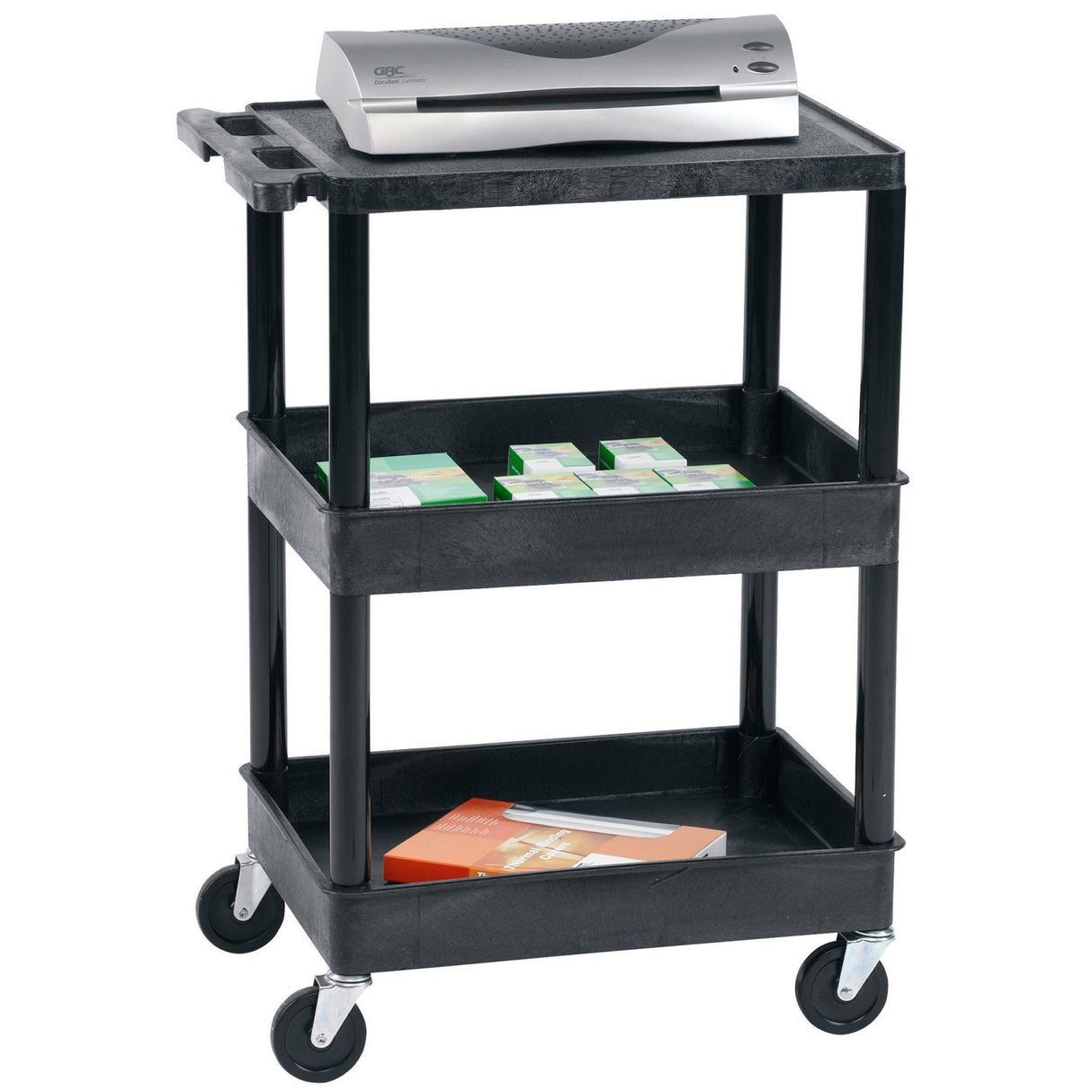 Tuffy Tub Trolley with flat shelf and 2 plastic tubs for organized, mobile storage in home or workspace.