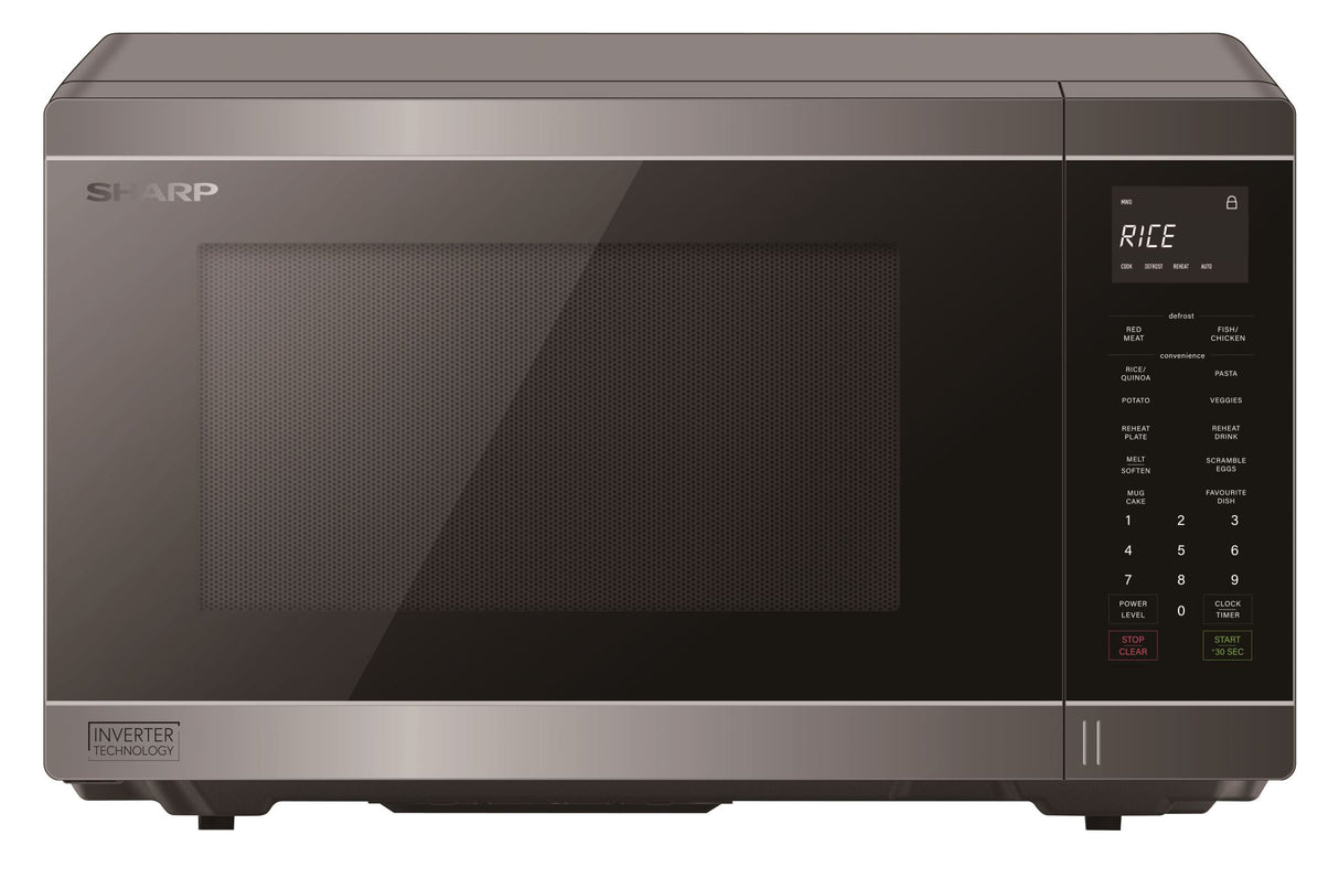 Sharp 1200W Midsize Inverter Microwave in Silver, featuring 34L capacity, inverter technology, and 11 power levels.