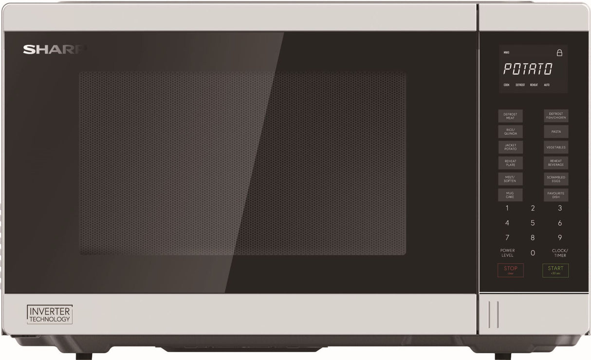 Microwave Sharp 1200W in white with 34L capacity, inverter technology, 11 power levels, and 10 auto cook menus.