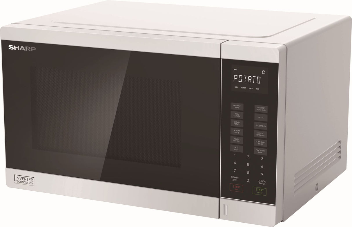Microwave Sharp - 1200W midsize inverter in white with 34L capacity, advanced cooking features, and child lock safety.