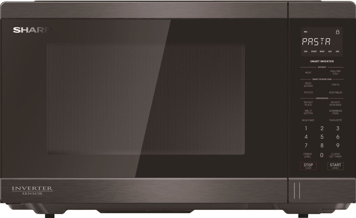 Midsize 1200W Sharp microwave in black stainless with inverter sensor, 34L capacity, 11 power levels, and 10 auto cook menus.