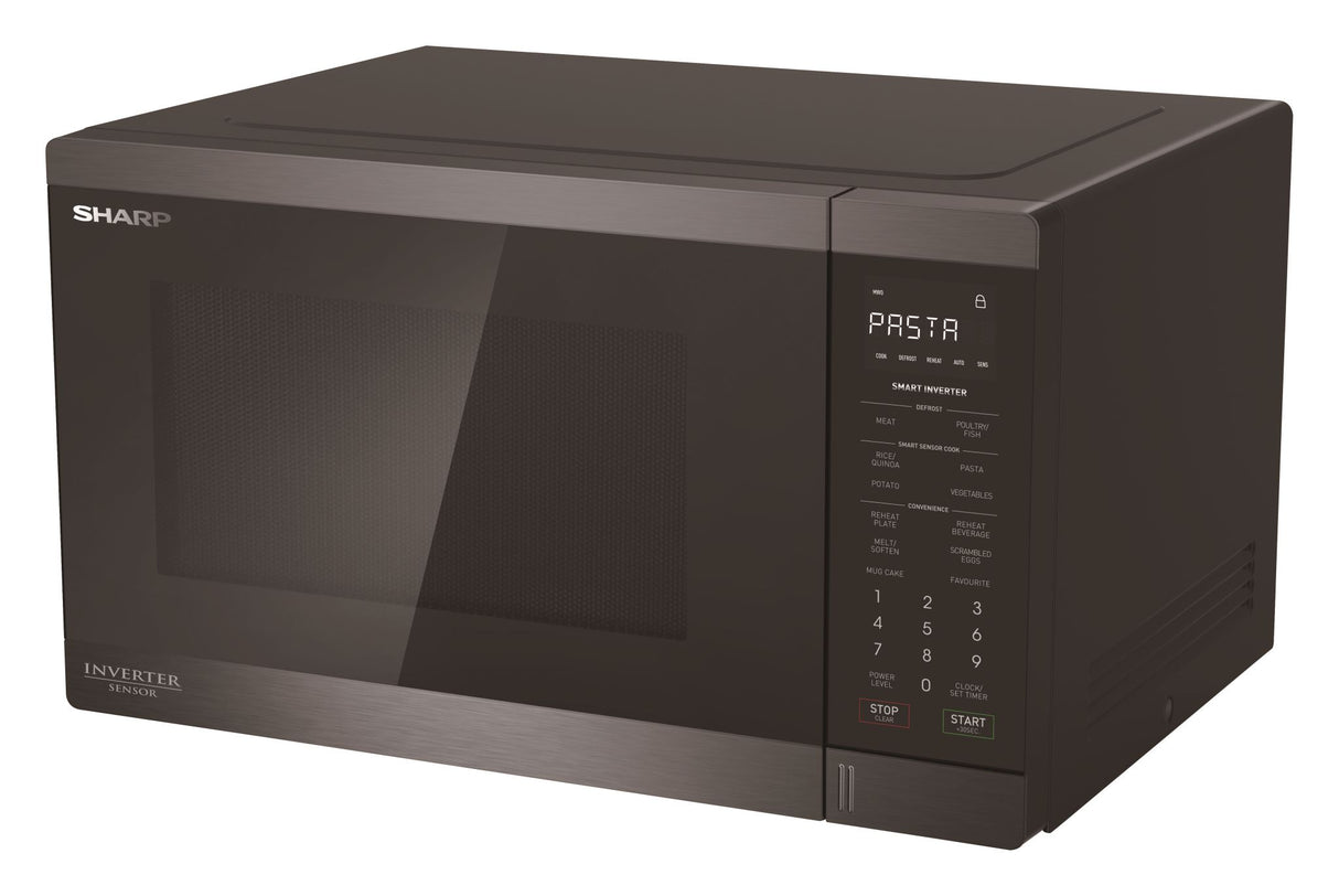Microwave Sharp 1200W with 34L inverter sensor, black stainless finish, 11 power levels, and smart auto-cook features.