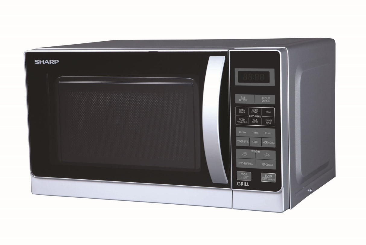 Compact silver microwave grill with 20L capacity, 11 power levels, 8 auto cook menus, and child lock feature.