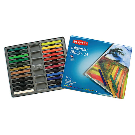 Derwent Inktense Block Tin 24 features vibrant, water-soluble blocks for versatile artistic expression in various techniques.