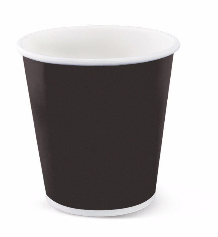 Black 8oz single wall hot cups in a pack of 25, perfect for serving hot and cold beverages at cafes and events.