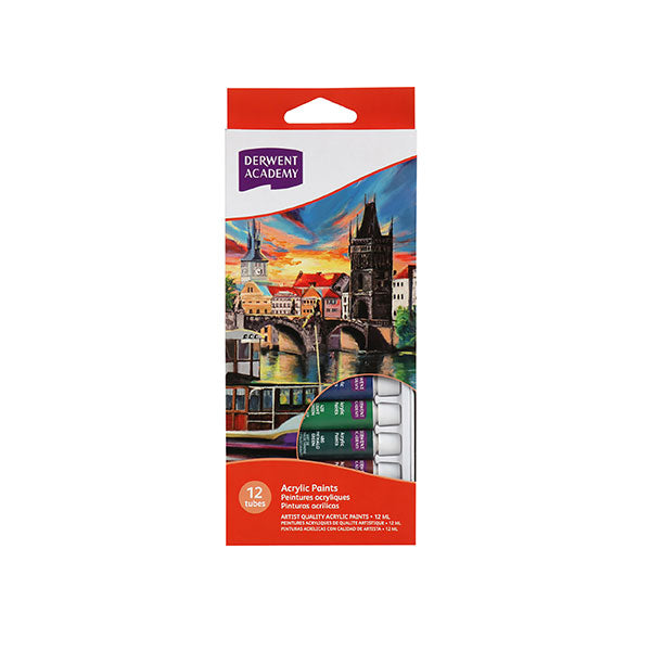 Vibrant 12-pack of Derwent Academy acrylic paints, featuring 100% acrylic resin for superior color, coverage, and versatility.