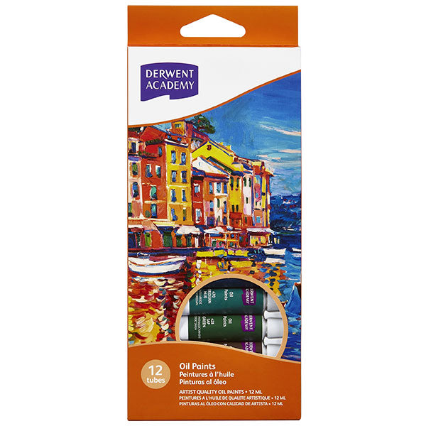 Vibrant 12-pack of Derwent Academy Oil Paints in 12ml tubes, featuring high pigmentation and excellent lightfastness for artists.