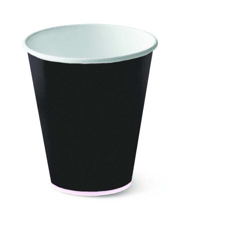 Black disposable 12oz hot cups, 50-pack, ideal for coffee and tea, featuring smooth sides and versatile for hot or cold drinks.