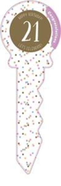 21 Birthday Key decorated with vibrant confetti, perfect for celebrating a milestone 21st birthday in style.